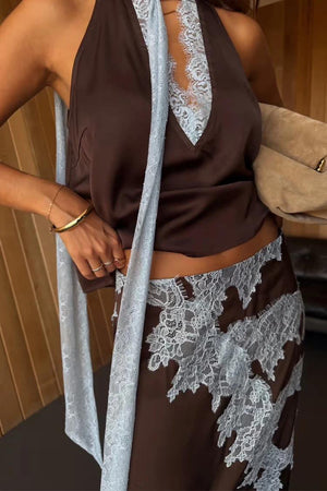 Conjunto de falda con cuello halter y encaje