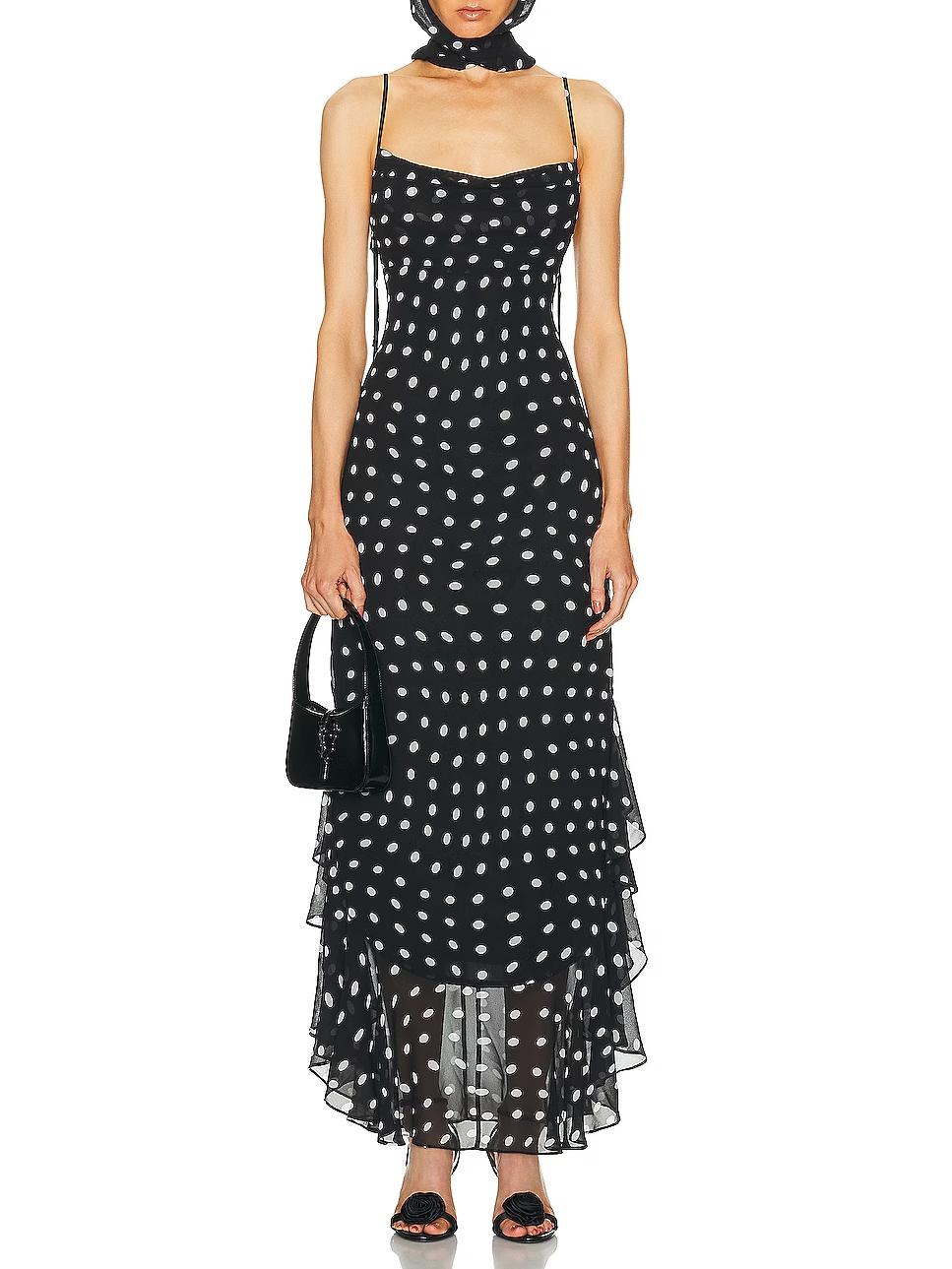 Vestido largo con volantes de lunares