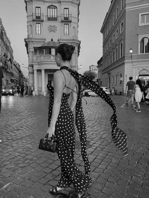 Vestido largo con volantes de lunares